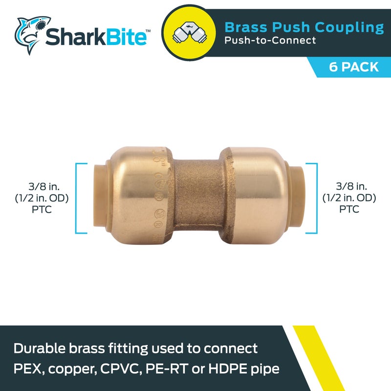 SharkBite 3/8 inch Coupling, Pack of 6, Push to Connect Brass Plumbing Fitting, PEX Pipe, Copper, CPVC, PE-RT, HDPE, U006LF - Image 2